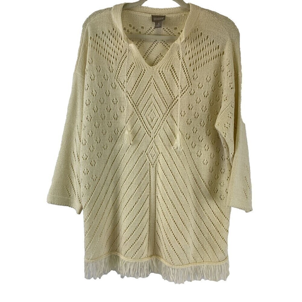 Chicos Crochet Sweater Fringe Trim Tassel Pullover Cream V-Neck Lightweight XL